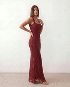 Verity Sequin Maxi Dress with Low Open Back and V Neck in Burgundy