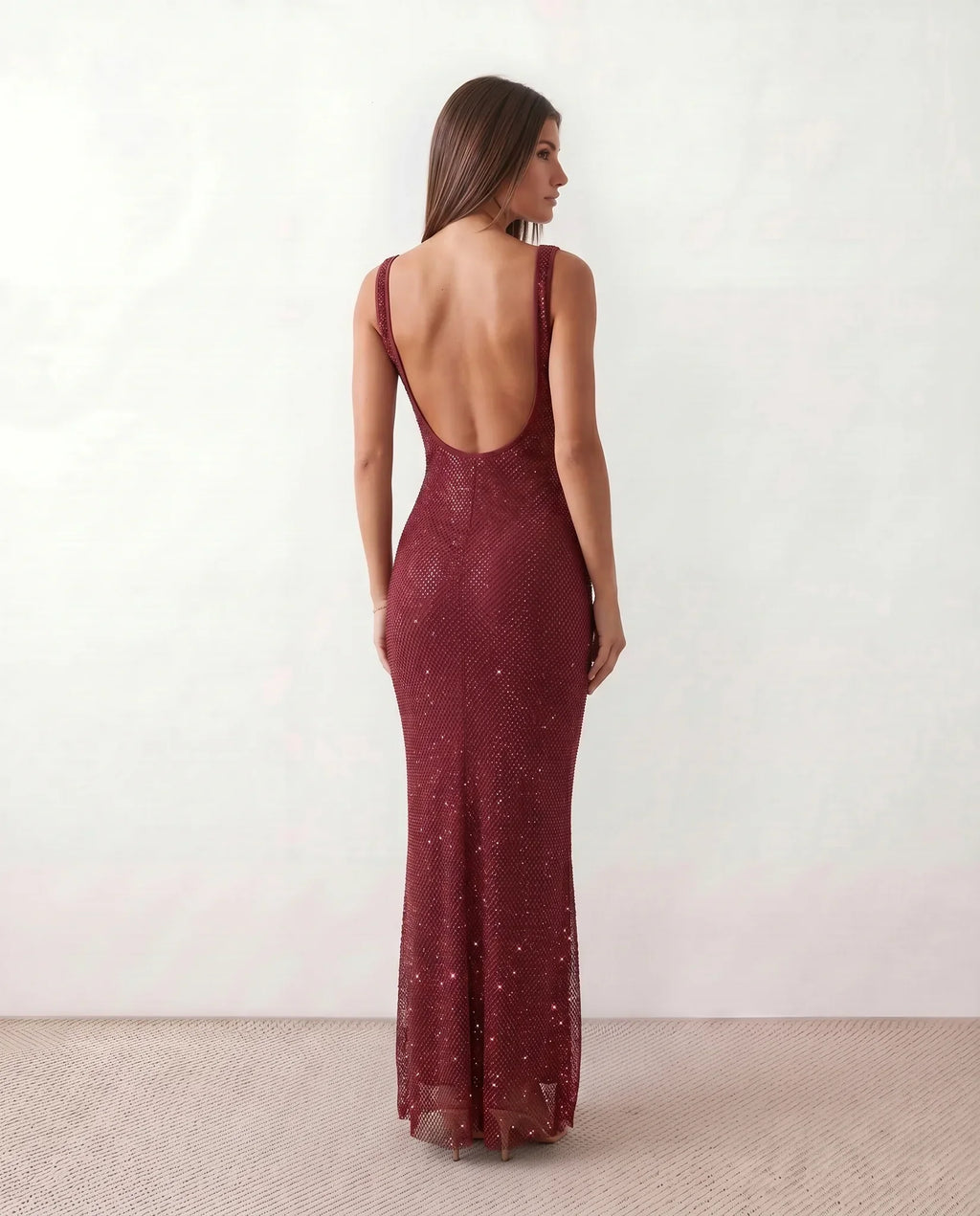 Verity Sequin Maxi Dress with Low Open Back and V Neck in Burgundy