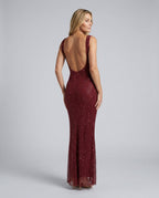 Verity Sequin Maxi Dress with Low Open Back and V Neck in Burgundy