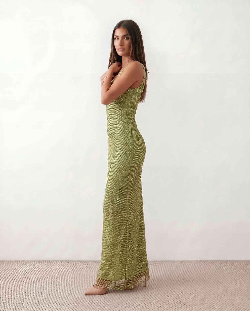 Verity Sequin Maxi Dress with Low Open Back and V Neck in Burgundy