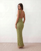 Verity Sequin Maxi Dress with Low Open Back and V Neck in Burgundy