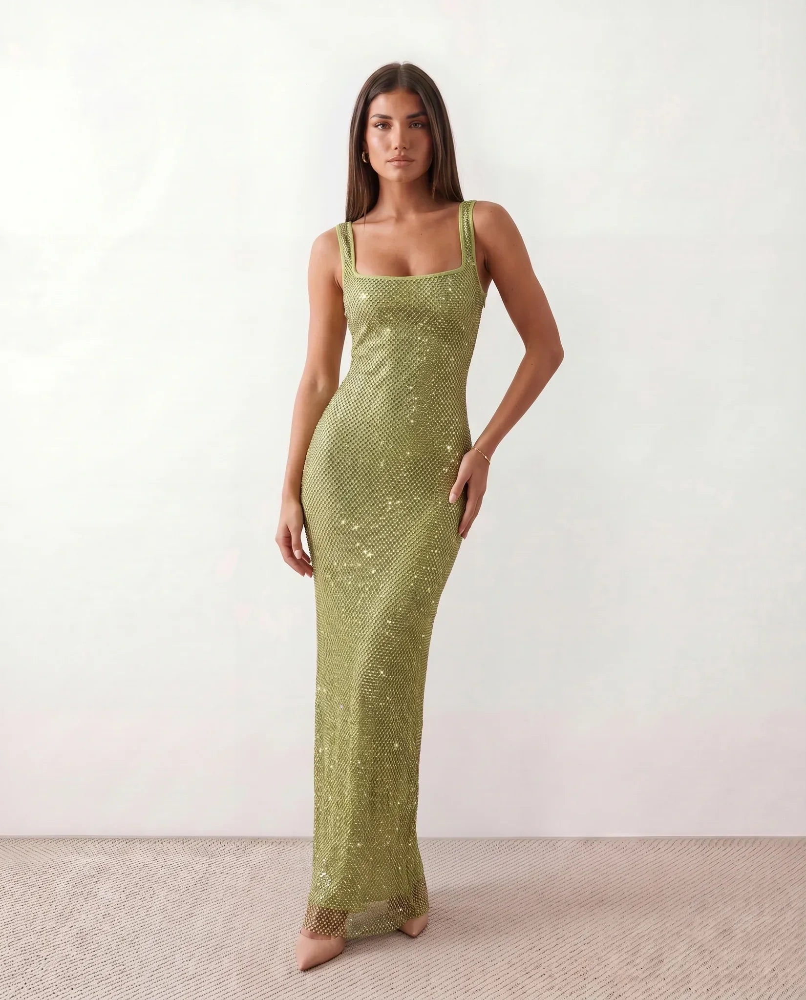 Verity Sequin Maxi Dress with Low Open Back and V Neck in Green