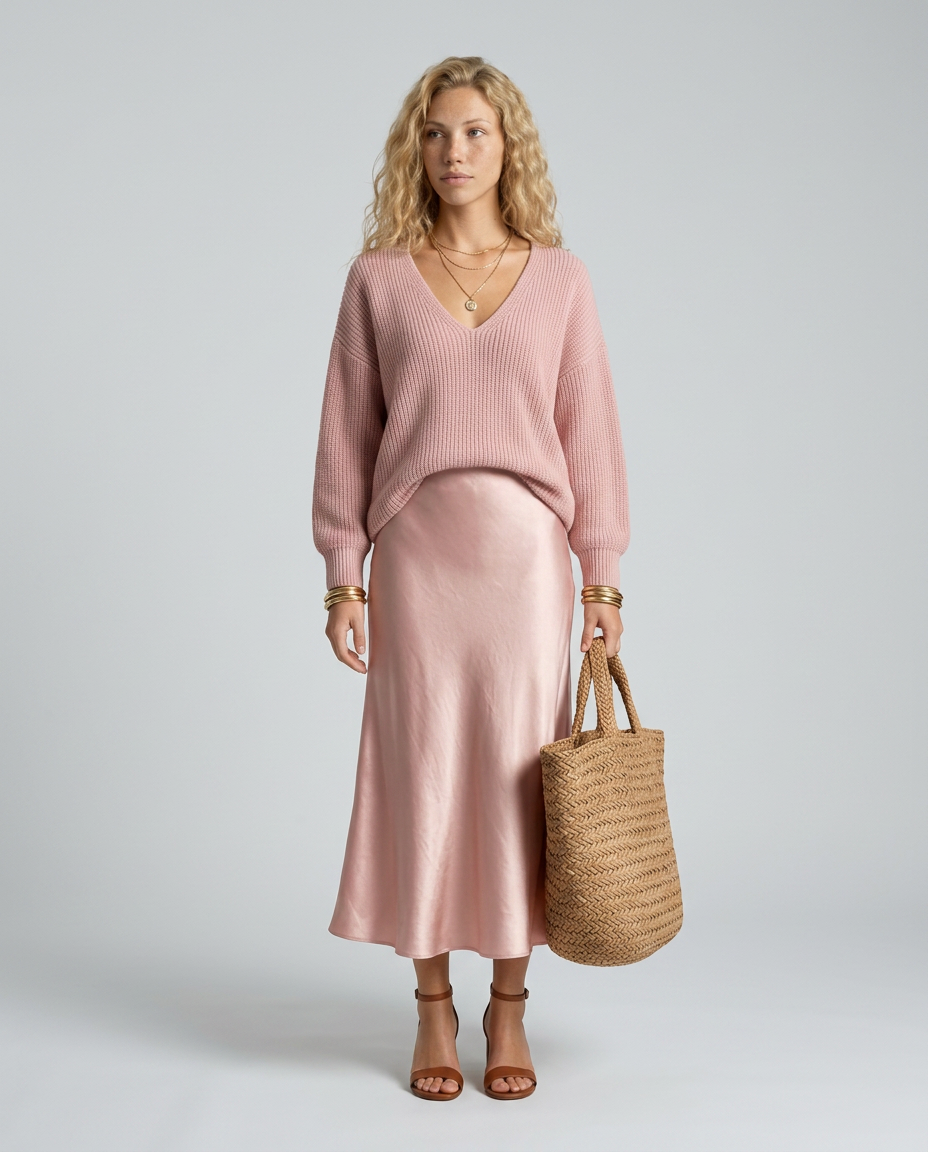 Vesna Bias Cut Satin Look Skirt and Knit Top Two Piece Set in Pink