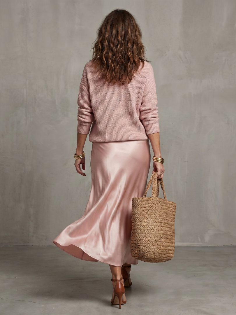Vesna Bias Cut Satin Look Skirt and Knit Top Two Piece Set in Pink