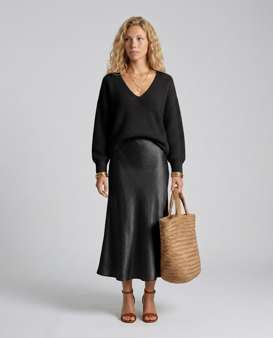 Vesna Bias Cut Satin Look Skirt and Knit Top Two Piece Set in Black