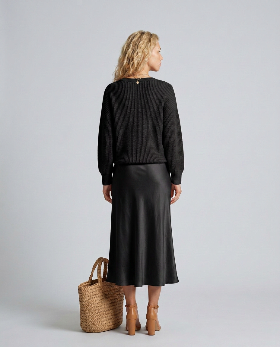 Vesna Bias Cut Satin Look Skirt and Knit Top Two Piece Set in Black