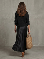 Vesna Bias Cut Satin Look Skirt and Knit Top Two Piece Set in Black