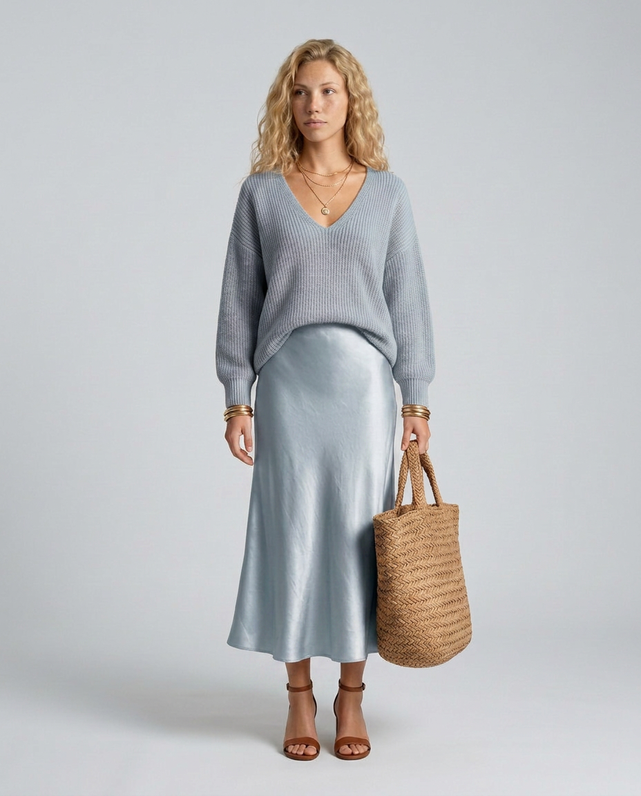 Vesna Bias Cut Satin Look Skirt and Knit Top Two Piece Set in Light Blue