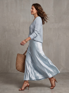 Vesna Bias Cut Satin Look Skirt and Knit Top Two Piece Set in Light Blue