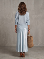 Vesna Bias Cut Satin Look Skirt and Knit Top Two Piece Set in Light Blue