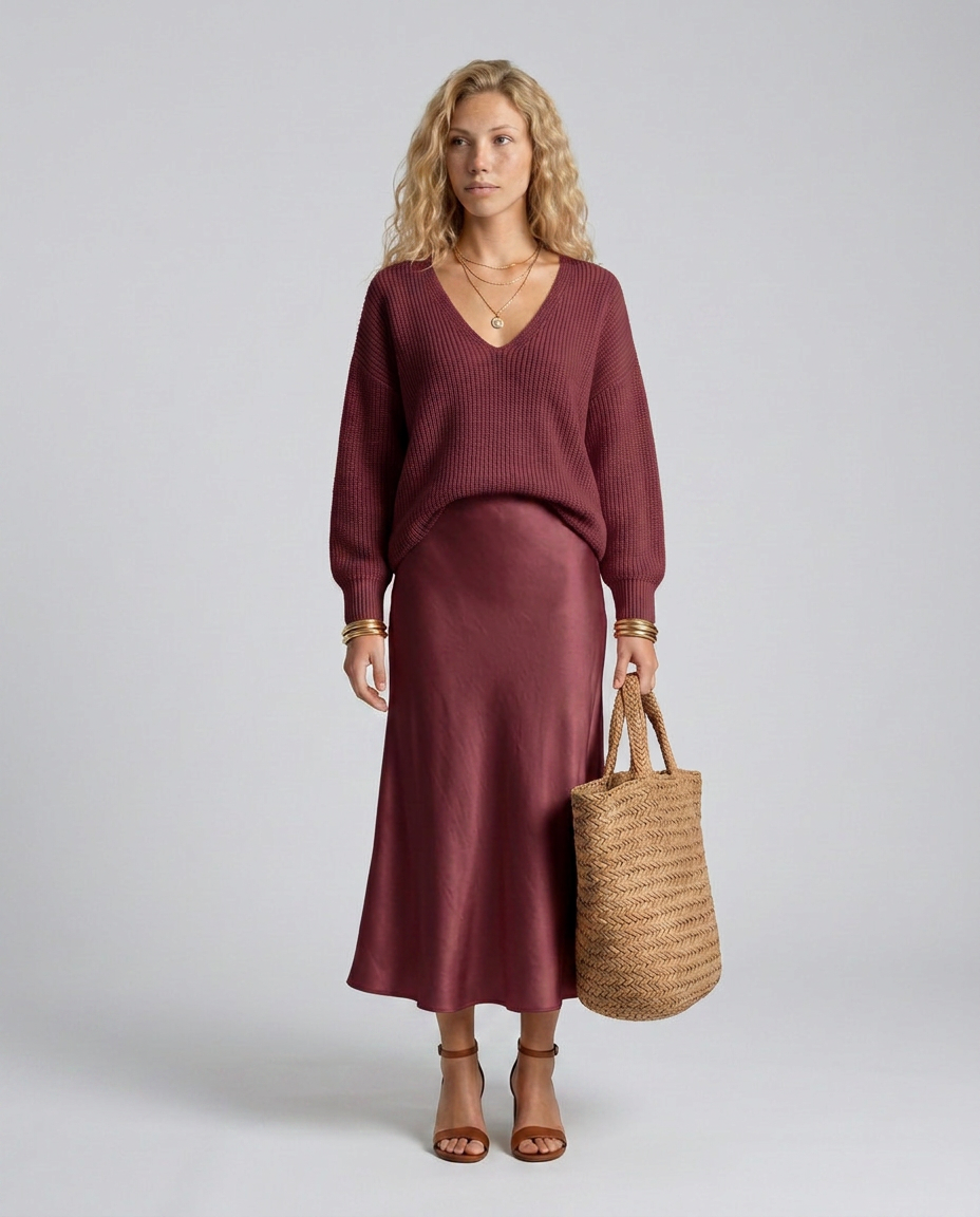 Vesna Bias Cut Satin Look Skirt and Knit Top Two Piece Set in Burgundy