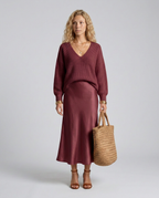 Vesna Bias Cut Satin Look Skirt and Knit Top Two Piece Set in Burgundy