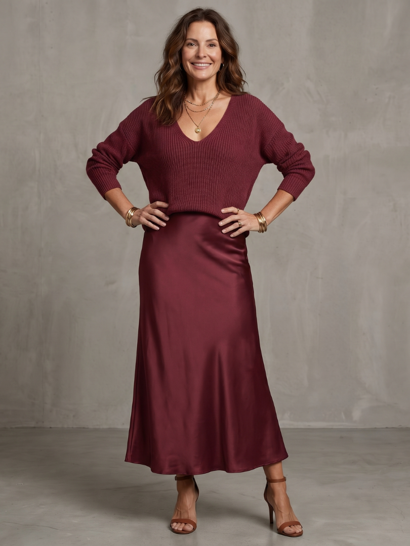 Vesna Bias Cut Satin Look Skirt and Knit Top Two Piece Set in Burgundy