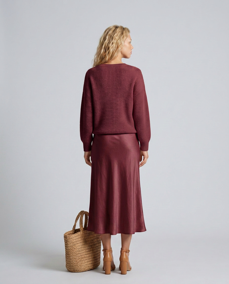 Vesna Bias Cut Satin Look Skirt and Knit Top Two Piece Set in Burgundy