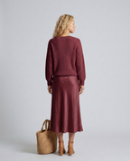 Vesna Bias Cut Satin Look Skirt and Knit Top Two Piece Set in Burgundy