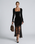 Winnie Velvet Square Neck Long Sleeve Maxi Dress with Lace in Black