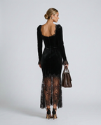Winnie Velvet Square Neck Long Sleeve Maxi Dress with Lace in Black