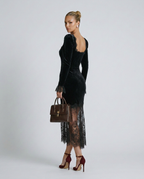 Winnie Velvet Square Neck Long Sleeve Maxi Dress with Lace in Black