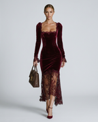 Winnie Velvet Square Neck Long Sleeve Maxi Dress with Lace in Burgundy