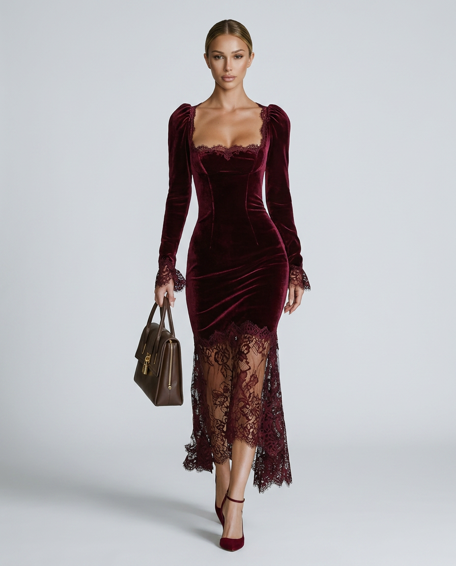 Winnie Velvet Square Neck Long Sleeve Maxi Dress with Lace in Burgundy