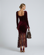 Winnie Velvet Square Neck Long Sleeve Maxi Dress with Lace in Burgundy