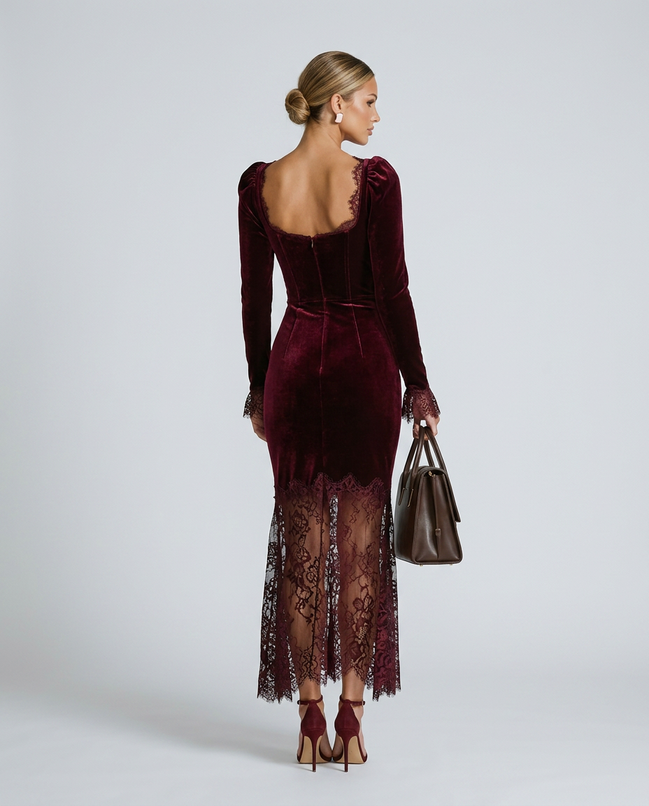 Winnie Velvet Square Neck Long Sleeve Maxi Dress with Lace in Burgundy