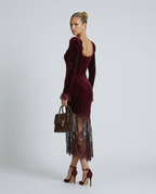 Winnie Velvet Square Neck Long Sleeve Maxi Dress with Lace in Burgundy