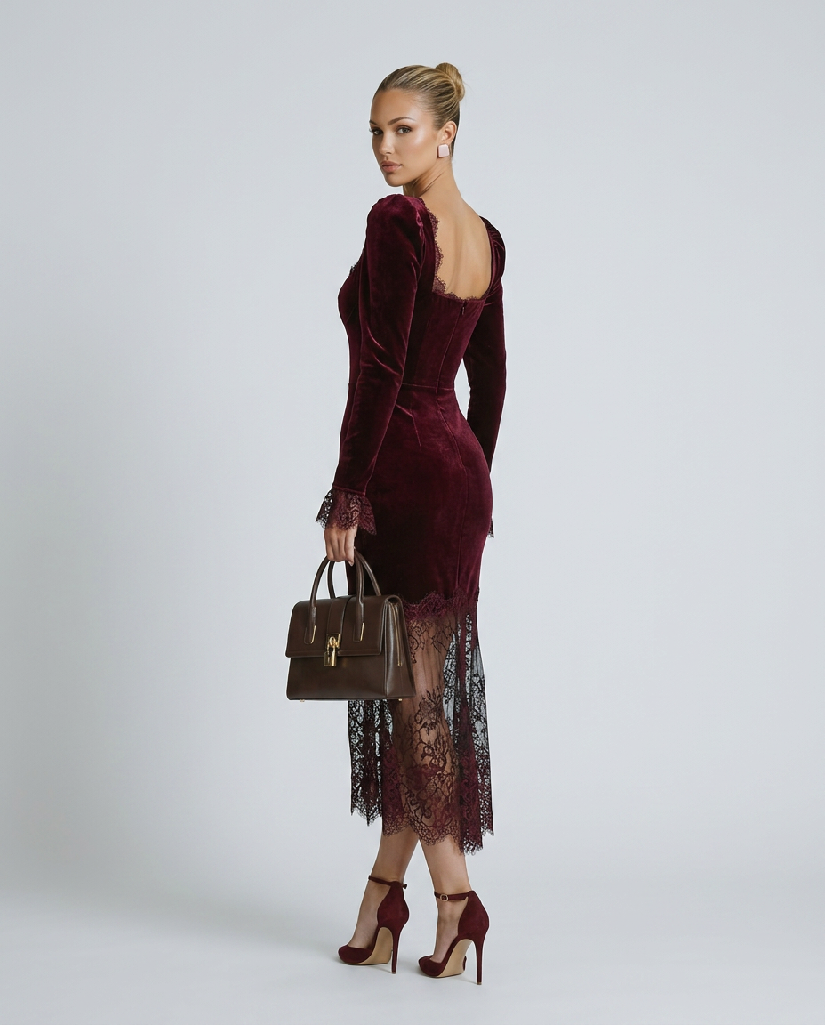Winnie Velvet Square Neck Long Sleeve Maxi Dress with Lace in Burgundy