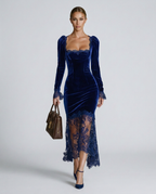 Winnie Velvet Square Neck Long Sleeve Maxi Dress with Lace in Blue