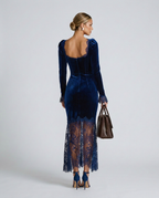 Winnie Velvet Square Neck Long Sleeve Maxi Dress with Lace in Blue