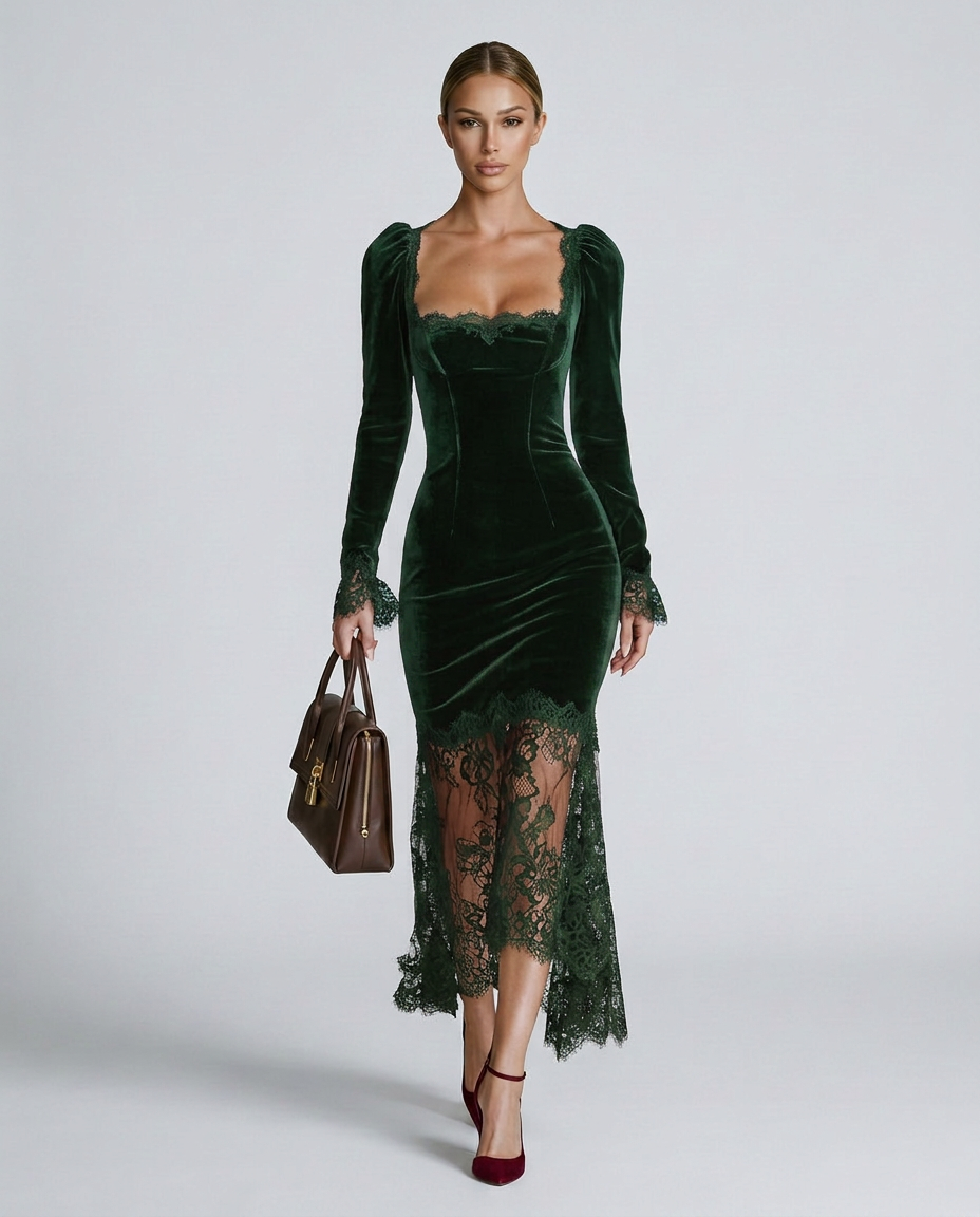 Winnie Velvet Square Neck Long Sleeve Maxi Dress with Lace in Dark Green