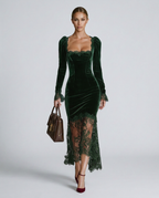 Winnie Velvet Square Neck Long Sleeve Maxi Dress with Lace in Dark Green