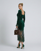 Winnie Velvet Square Neck Long Sleeve Maxi Dress with Lace in Dark Green