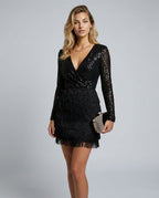 Zivelle Glitter Bodice Fringe Skirt Long Sleeve Mini Dress in Black