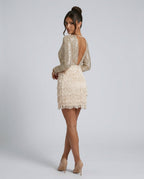 Zivelle Glitter Bodice Fringe Skirt Long Sleeve Mini Dress in Champagne