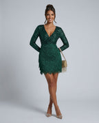 Zivelle Glitter Bodice Fringe Skirt Long Sleeve Mini Dress in Green