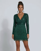 Zivelle Glitter Bodice Fringe Skirt Long Sleeve Mini Dress in Green