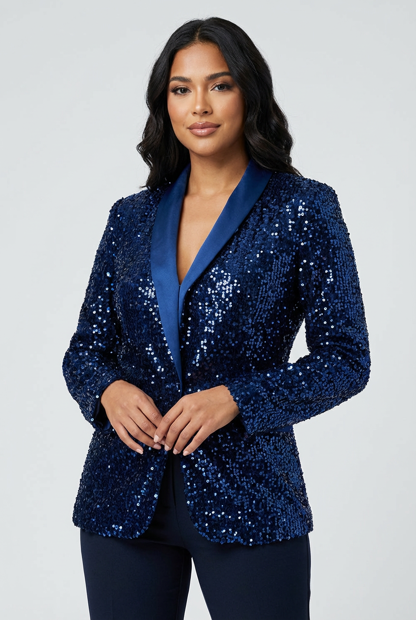 Zola Paillette Sequin Blazer with Notched Lapel in Blue