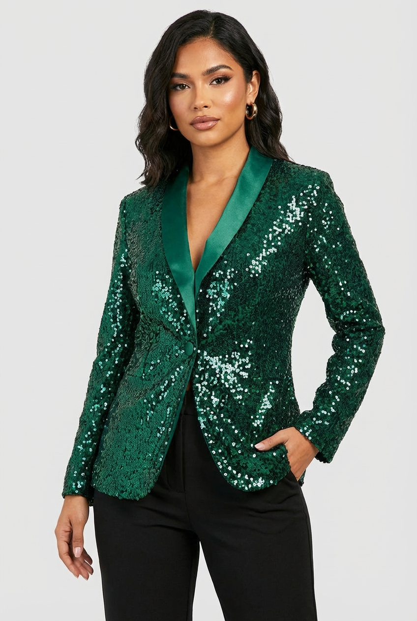 Zola Paillette Sequin Blazer with Notched Lapel in Green