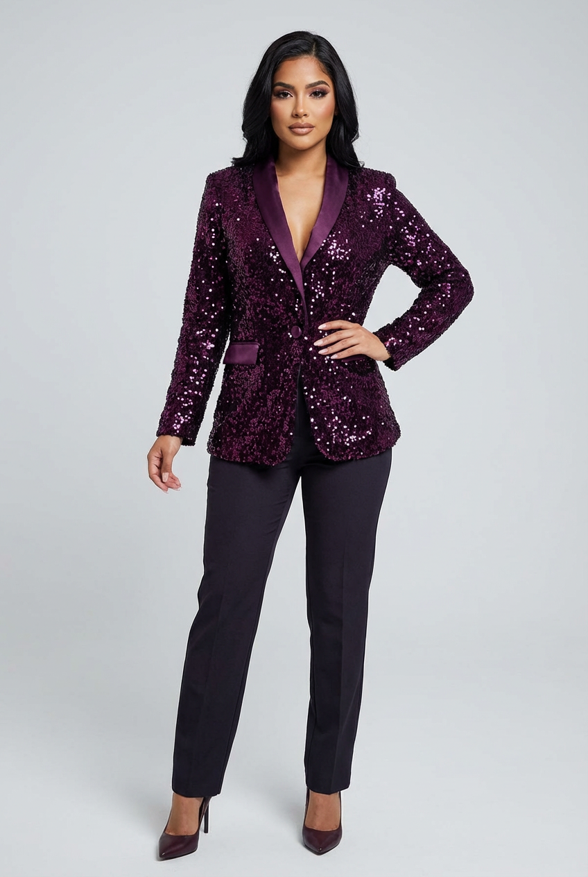 Zola Paillette Sequin Blazer with Notched Lapel in Purple