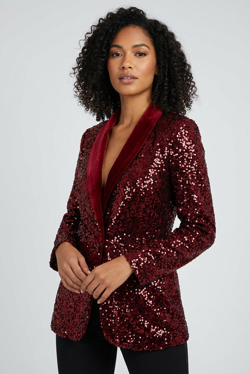 Zola Paillette Sequin Blazer with Notched Lapel in Red