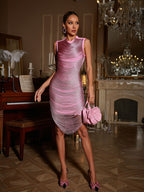 Zulekha Sleeveless All Over Fringe Bandage Knit Midi Dress in Pink